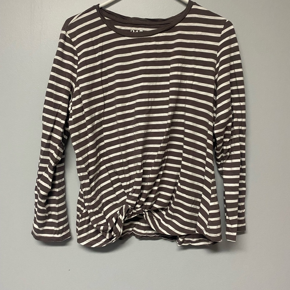 24/7 Comfort Apparel Brown and White Striped Long Sleeve Top